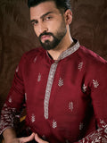 Men Maroon Silk Blend Solid Embroidered Straight Kurta-MKU1945