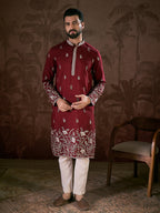 Men Maroon Silk Blend Solid Embroidered Straight Kurta-MKU1945