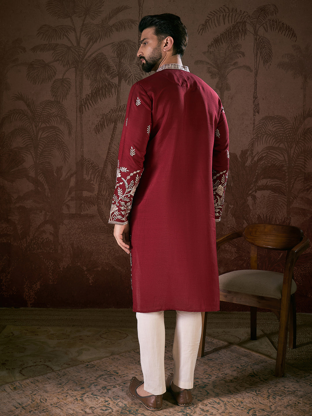 Men Maroon Silk Blend Solid Embroidered Straight Kurta-MKU1945
