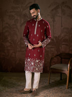 Men Maroon Silk Blend Solid Embroidered Straight Kurta-MKU1945
