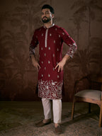 Men Maroon Silk Blend Solid Embroidered Straight Kurta-MKU1945