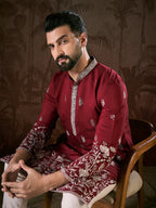 Men Maroon Silk Blend Solid Embroidered Straight Kurta-MKU1945