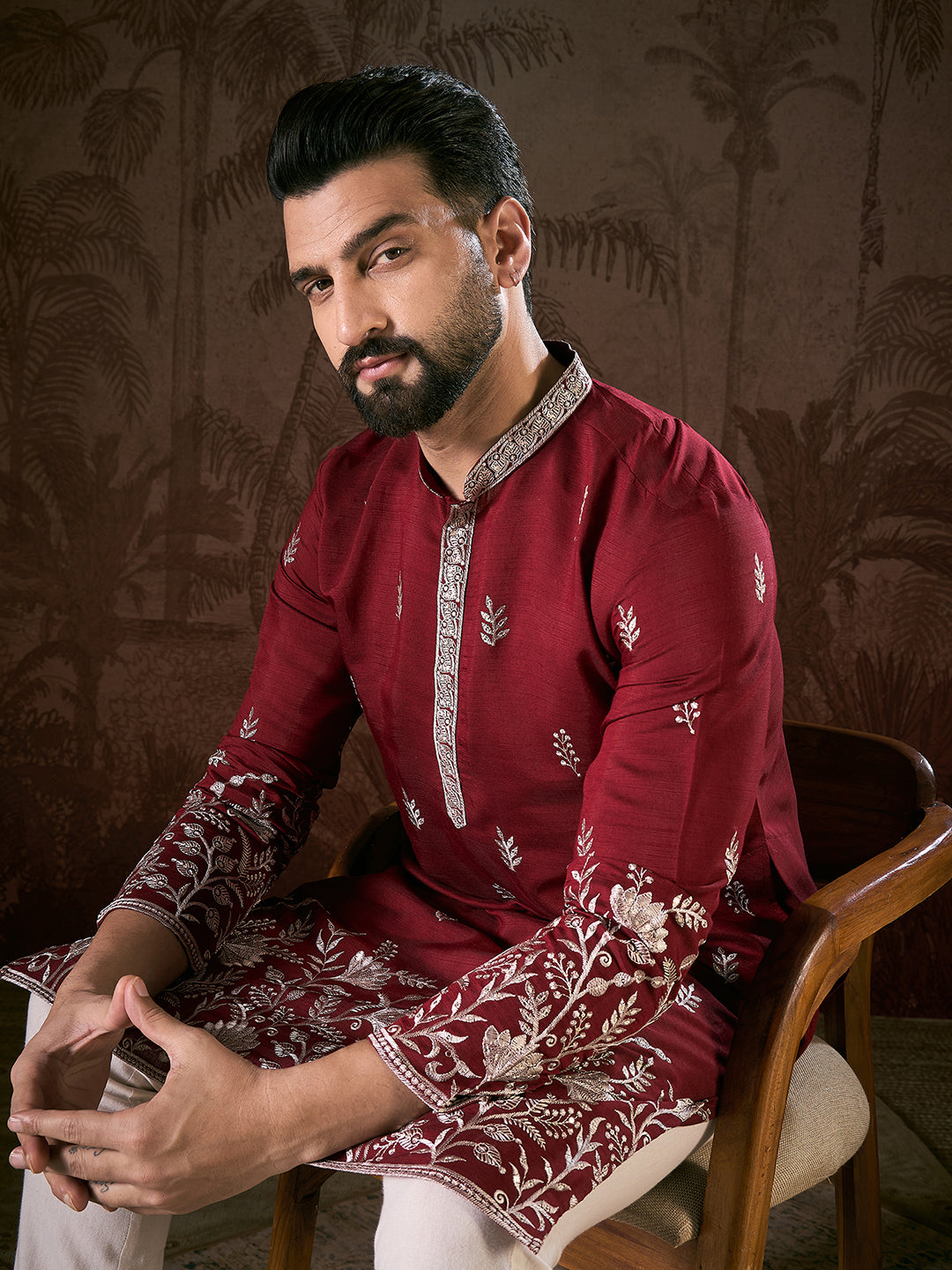 Men Maroon Silk Blend Solid Embroidered Straight Kurta-MKU1945