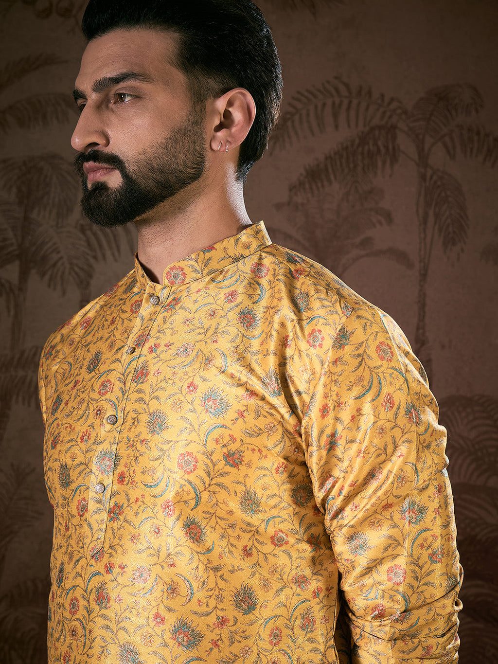 Men Yellow Silk Blend Floral Printed Straight Kurta-MKU1946