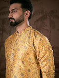 Men Yellow Silk Blend Floral Printed Straight Kurta-MKU1946