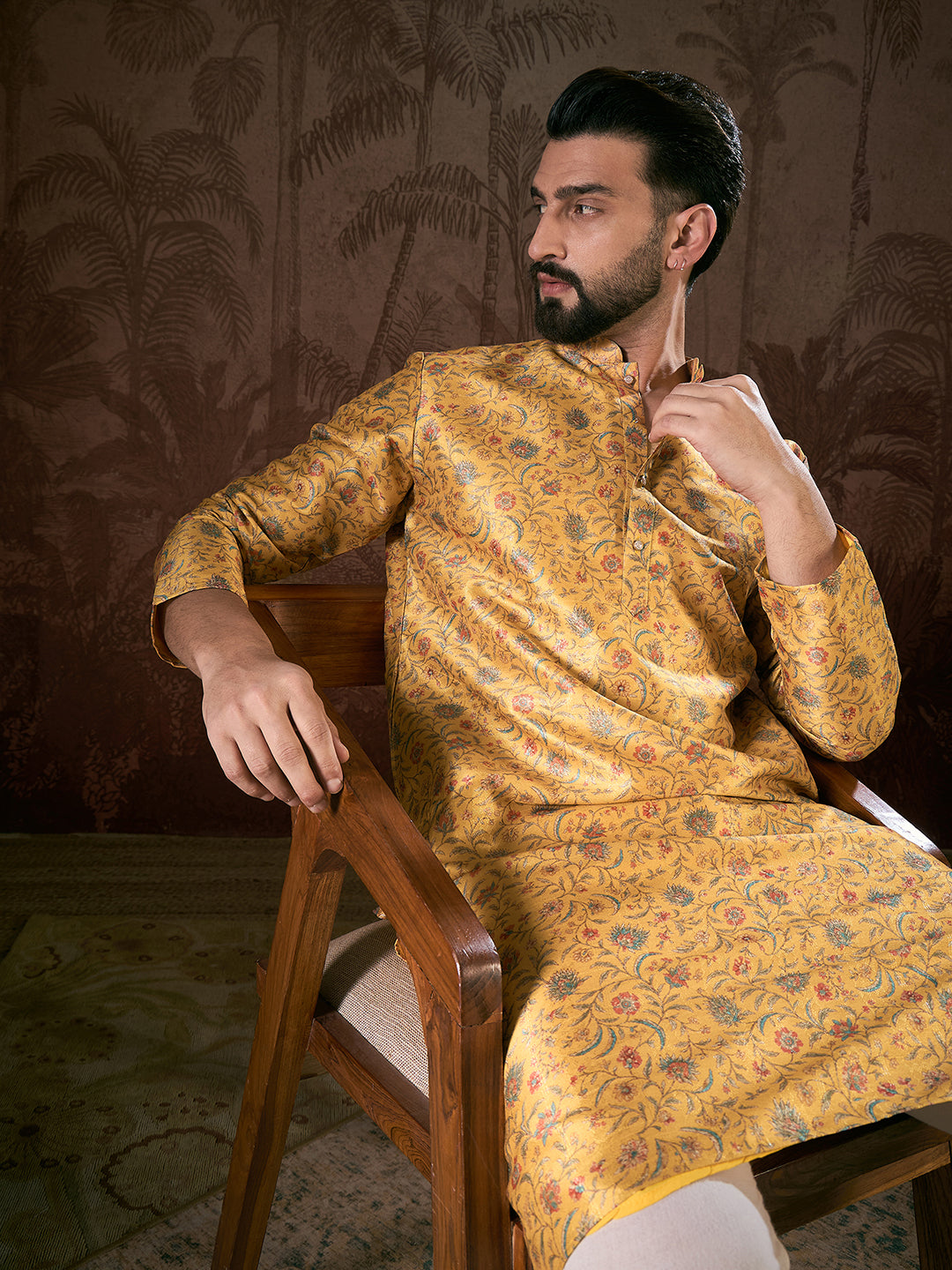 Men Yellow Silk Blend Floral Printed Straight Kurta-MKU1946