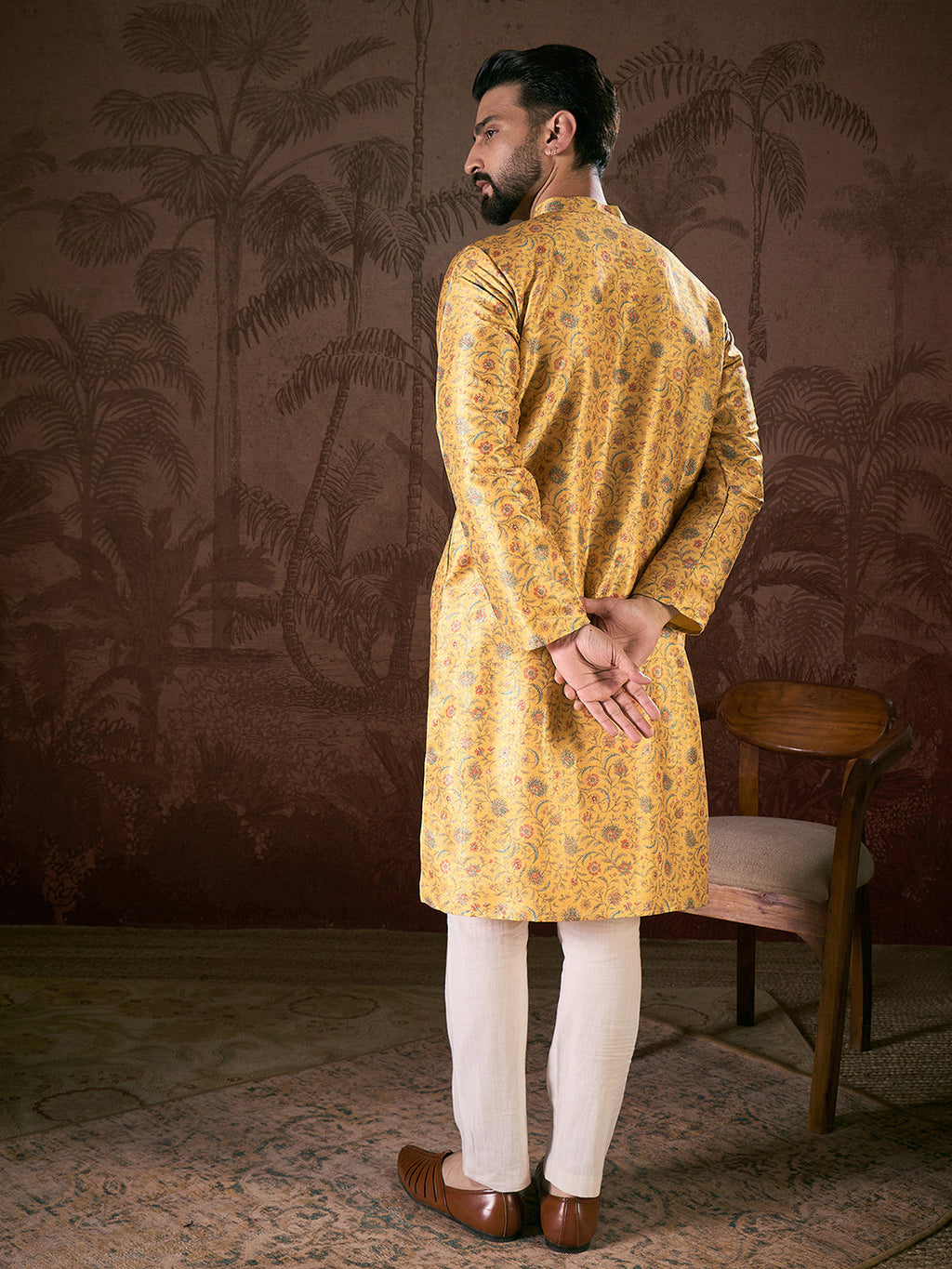 Men Yellow Silk Blend Floral Printed Straight Kurta-MKU1946