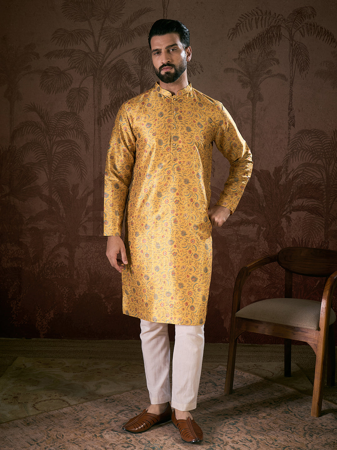 Men Yellow Silk Blend Floral Printed Straight Kurta-MKU1946