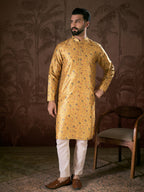 Men Yellow Silk Blend Floral Printed Straight Kurta-MKU1946
