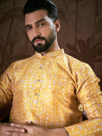 Men Yellow Silk Blend Floral Printed Straight Kurta-MKU1948
