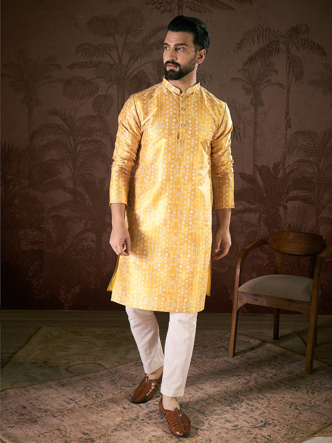 Men Yellow Silk Blend Floral Printed Straight Kurta-MKU1948