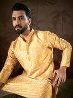 Men Yellow Silk Blend Floral Printed Straight Kurta-MKU1948