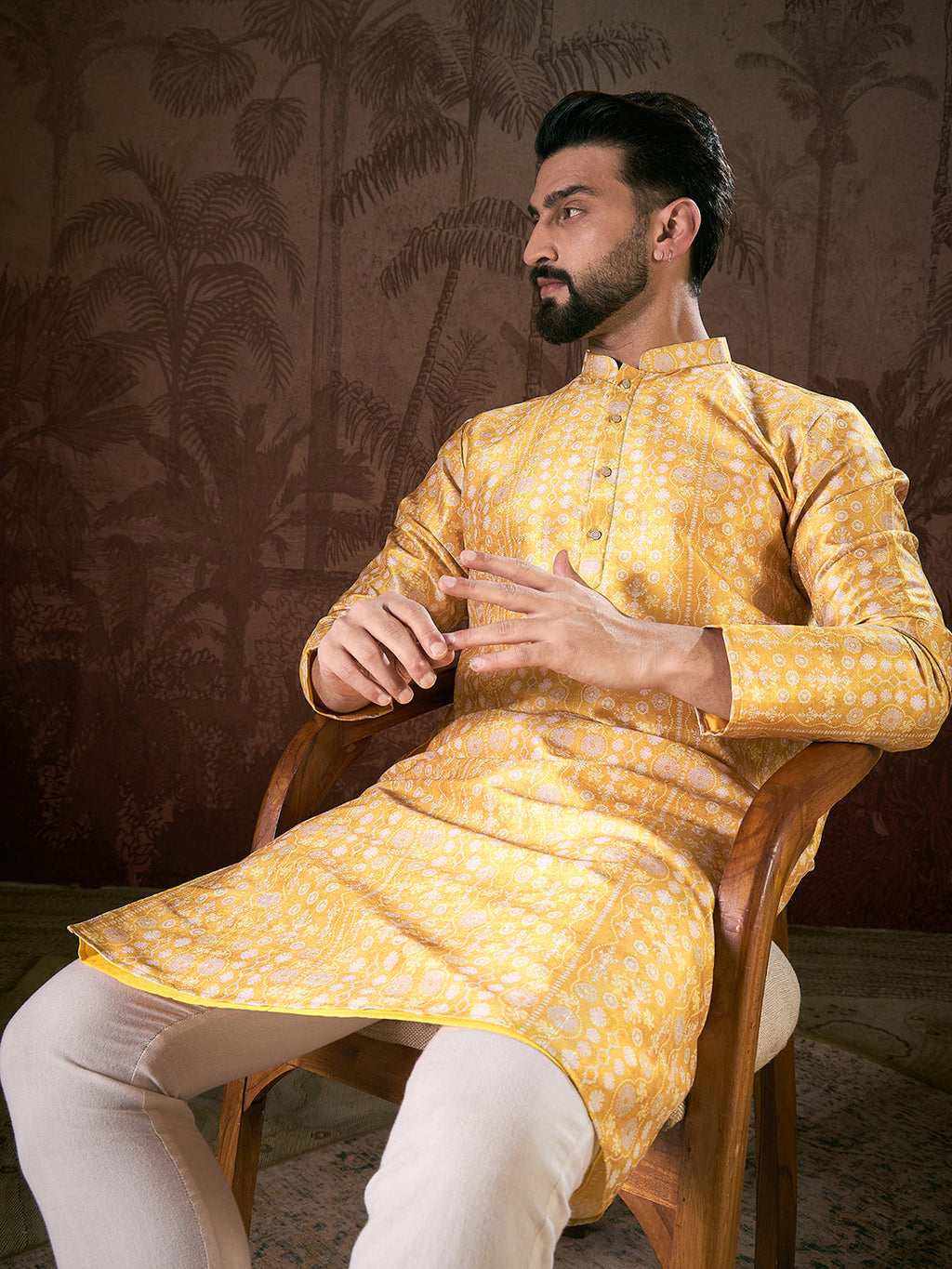 Men Yellow Silk Blend Floral Printed Straight Kurta-MKU1948