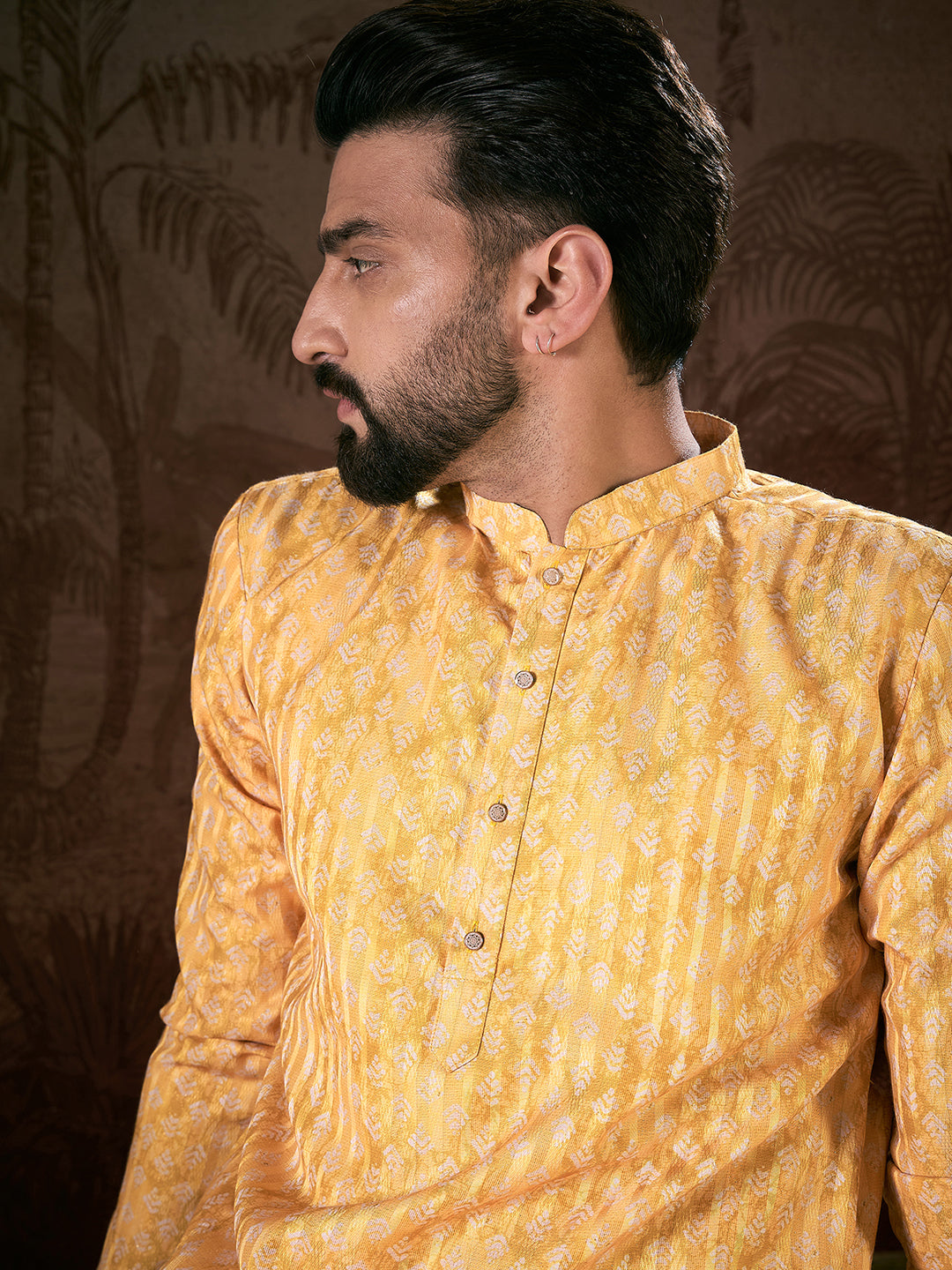 Men Yellow Silk Blend Ethnic Motifs Printed Straight Kurta-MKU1949