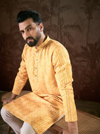 Men Yellow Silk Blend Ethnic Motifs Printed Straight Kurta-MKU1949