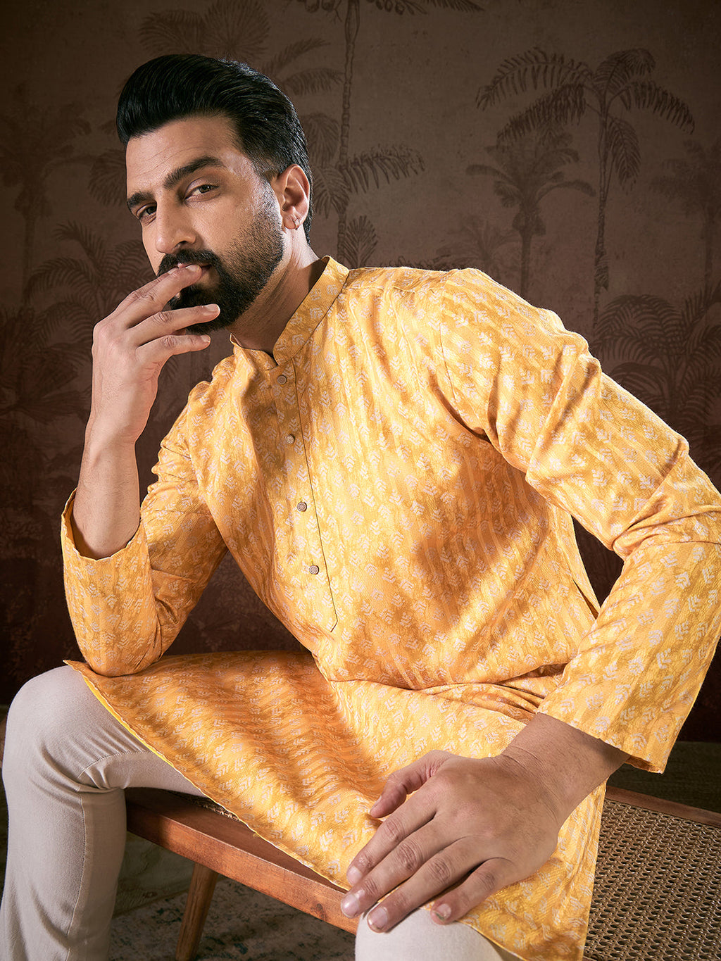 Men Yellow Silk Blend Ethnic Motifs Printed Straight Kurta-MKU1949