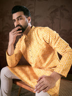 Men Yellow Silk Blend Ethnic Motifs Printed Straight Kurta-MKU1949