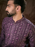 Men Purple Silk Blend Ethnic Motifs Printed Straight Kurta-MKU1950