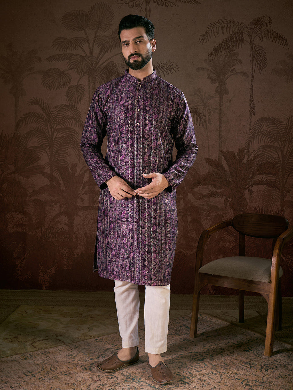 Men Purple Silk Blend Ethnic Motifs Printed Straight Kurta-MKU1950
