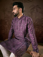 Men Purple Silk Blend Ethnic Motifs Printed Straight Kurta-MKU1950