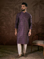 Men Purple Silk Blend Ethnic Motifs Printed Straight Kurta-MKU1950