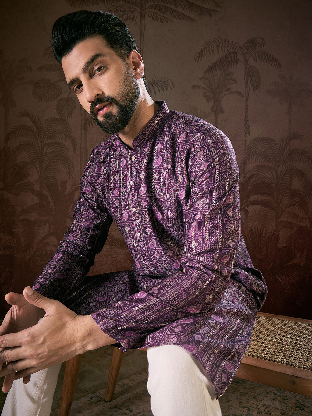 Men Purple Silk Blend Ethnic Motifs Printed Straight Kurta-MKU1950