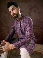 Men Purple Silk Blend Ethnic Motifs Printed Straight Kurta-MKU1950