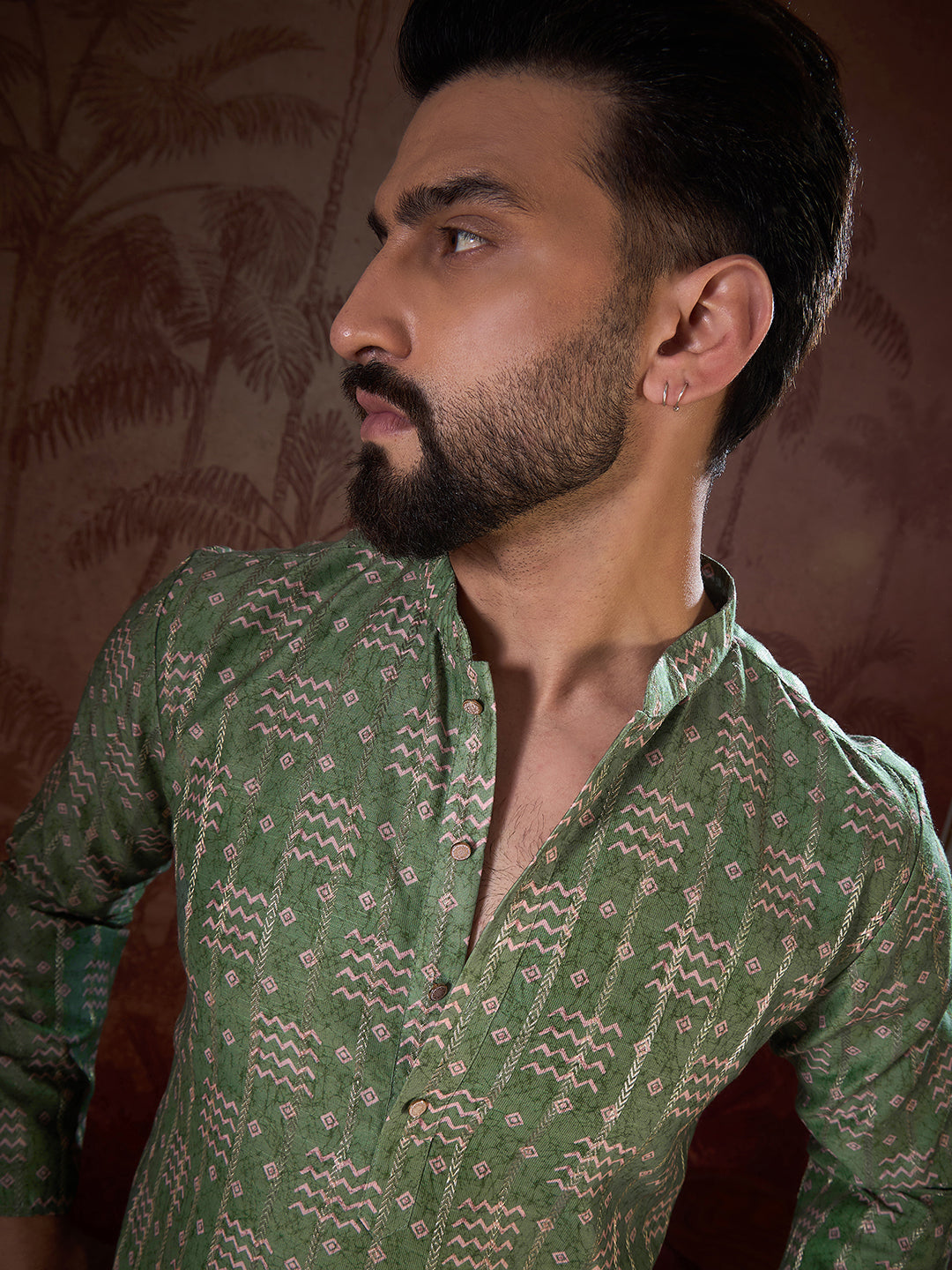 Men Green Silk Blend Ethnic Motifs Printed Straight Kurta-MKU1951