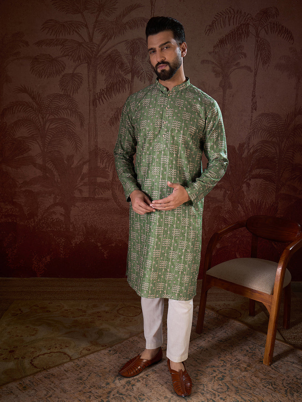 Men Green Silk Blend Ethnic Motifs Printed Straight Kurta-MKU1951