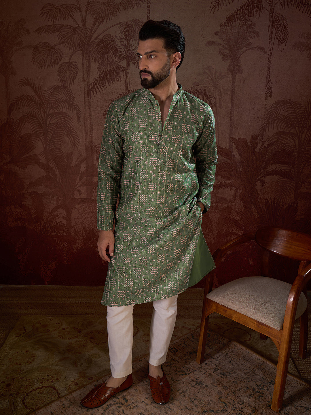 Men Green Silk Blend Ethnic Motifs Printed Straight Kurta-MKU1951