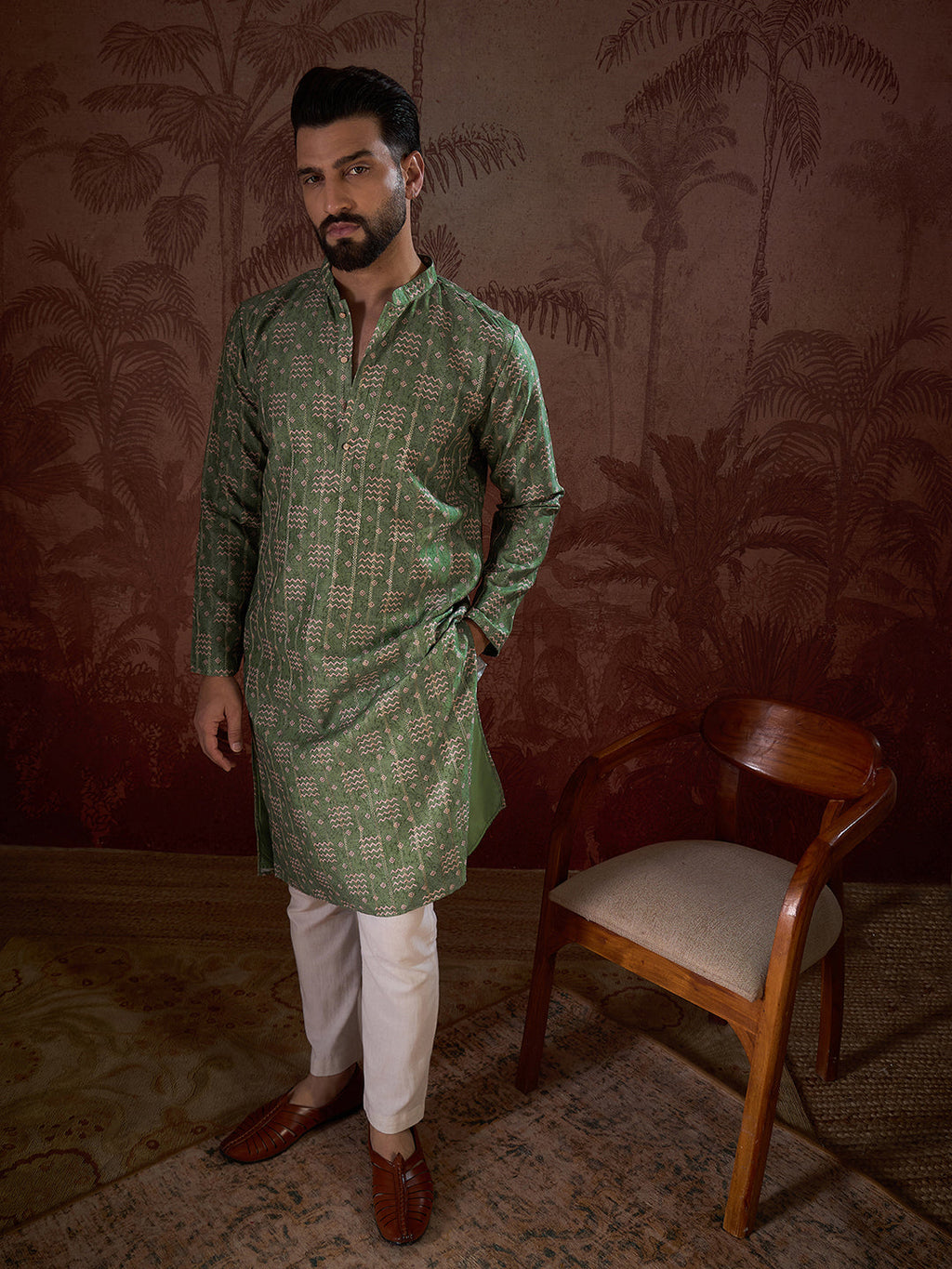 Men Green Silk Blend Ethnic Motifs Printed Straight Kurta-MKU1951