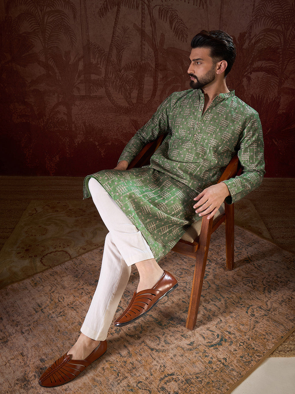 Men Green Silk Blend Ethnic Motifs Printed Straight Kurta-MKU1951