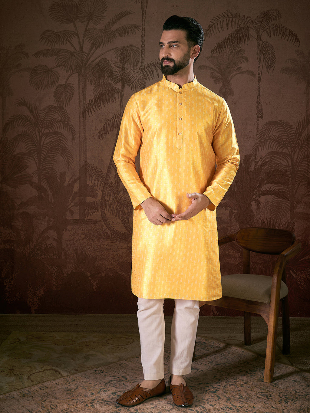 Men Yellow Silk Blend Ethnic Motifs Printed Straight Kurta-MKU1952