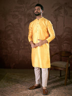 Men Yellow Silk Blend Ethnic Motifs Printed Straight Kurta-MKU1952