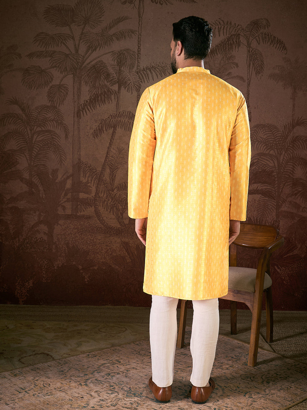 Men Yellow Silk Blend Ethnic Motifs Printed Straight Kurta-MKU1952