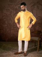 Men Yellow Silk Blend Ethnic Motifs Printed Straight Kurta-MKU1952