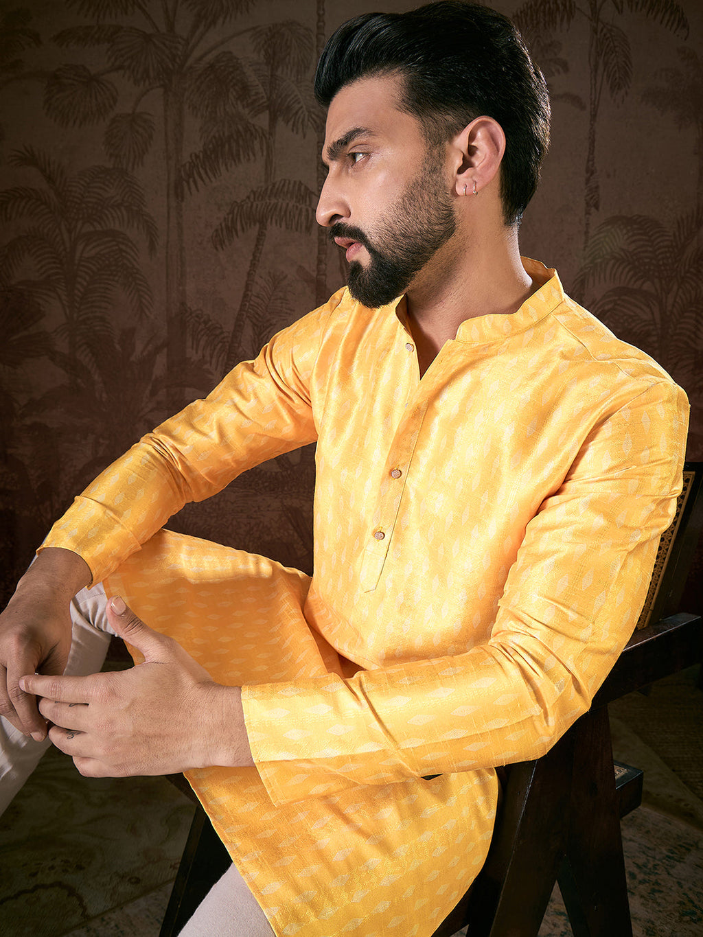Men Yellow Silk Blend Ethnic Motifs Printed Straight Kurta-MKU1952