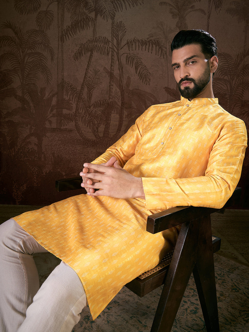 Men Yellow Silk Blend Ethnic Motifs Printed Straight Kurta-MKU1952