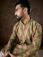 Men Green Silk Blend Floral Printed Straight Kurta-MKU1953