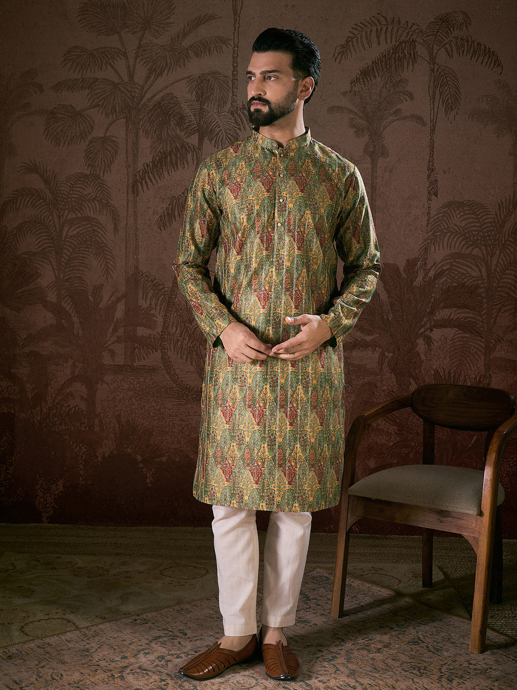 Men Green Silk Blend Floral Printed Straight Kurta-MKU1953