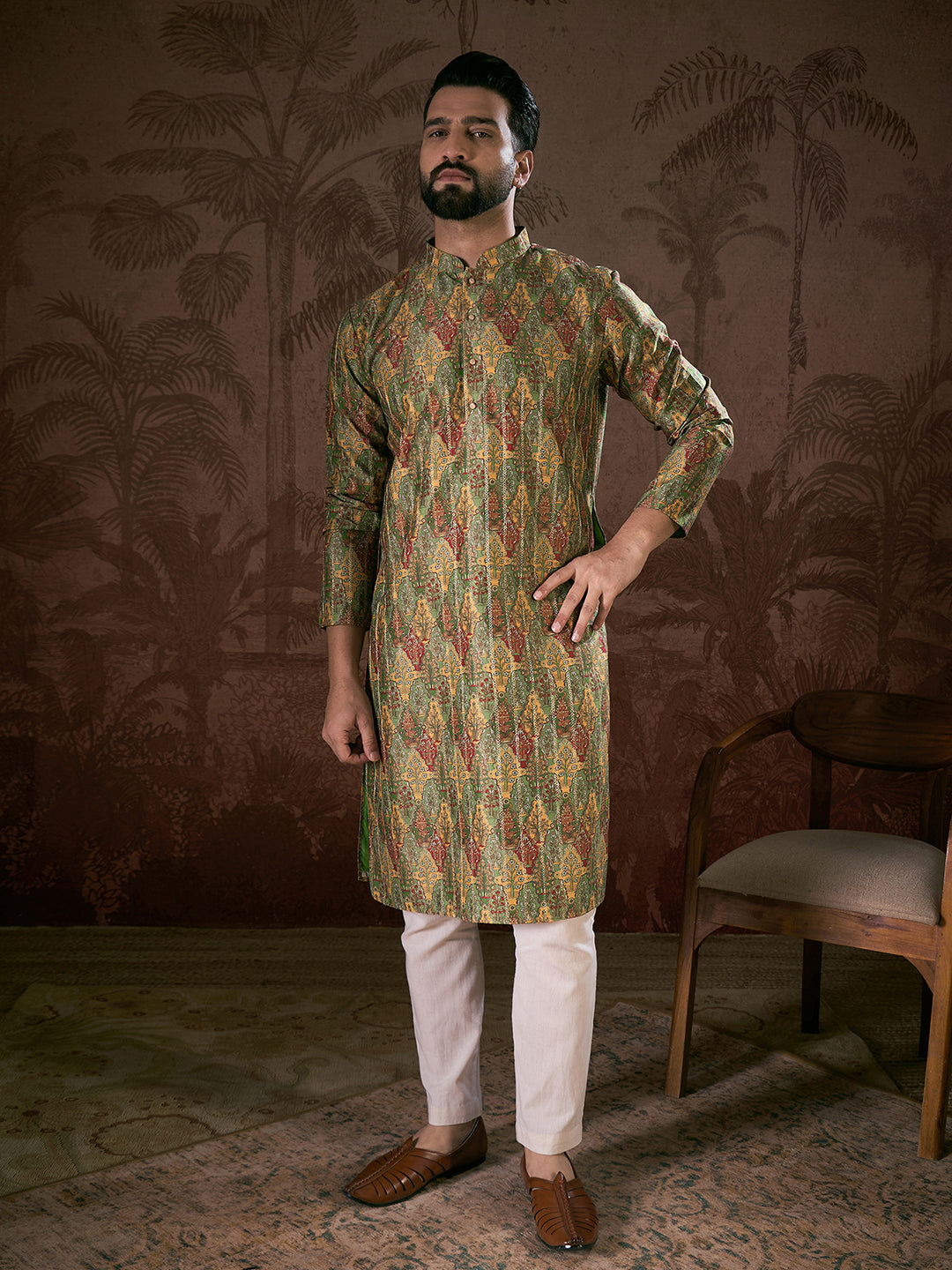 Men Green Silk Blend Floral Printed Straight Kurta-MKU1953