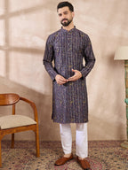 Men Violet Silk Blend Ethnic Motifs Printed Straight Kurta-MKU1954