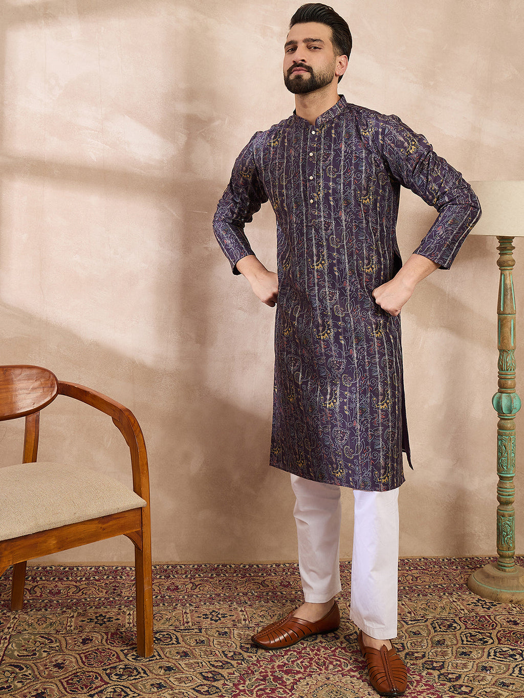 Men Violet Silk Blend Ethnic Motifs Printed Straight Kurta-MKU1954