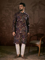 Men Purple Silk Blend Floral Printed Straight Kurta-MKU1957