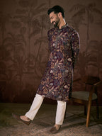 Men Purple Silk Blend Floral Printed Straight Kurta-MKU1957