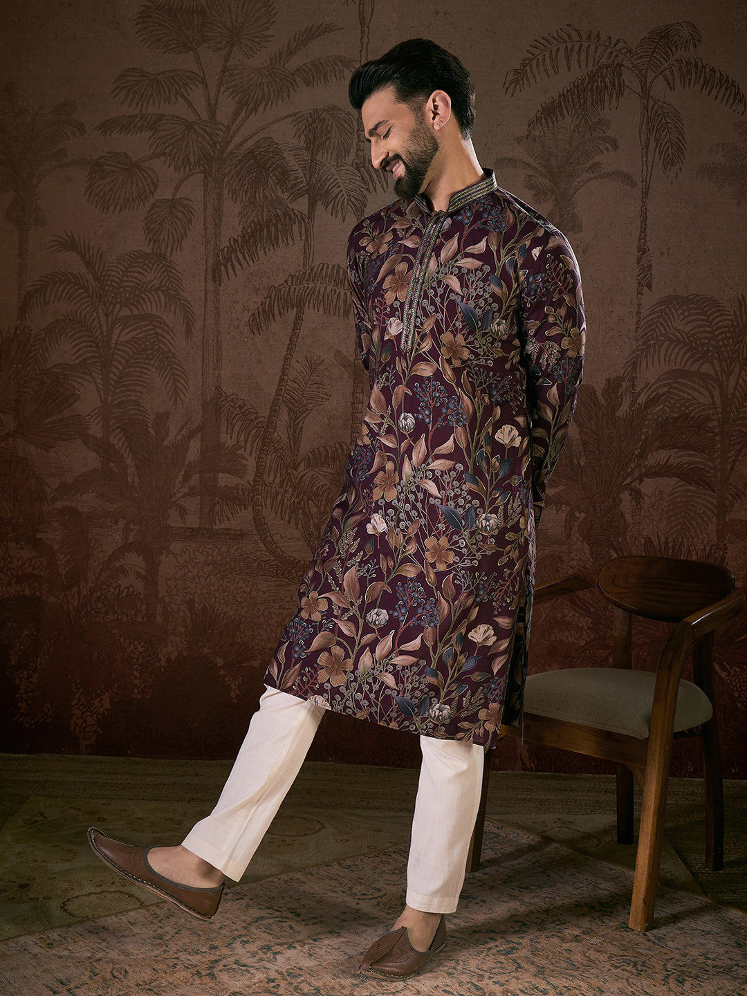 Men Purple Silk Blend Floral Printed Straight Kurta-MKU1957