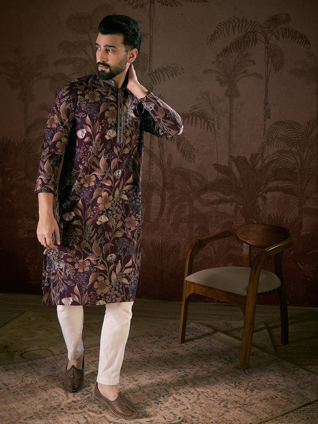 Men Purple Silk Blend Floral Printed Straight Kurta-MKU1957