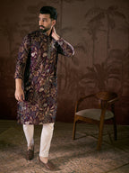 Men Purple Silk Blend Floral Printed Straight Kurta-MKU1957