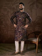 Men Purple Silk Blend Floral Printed Straight Kurta-MKU1957