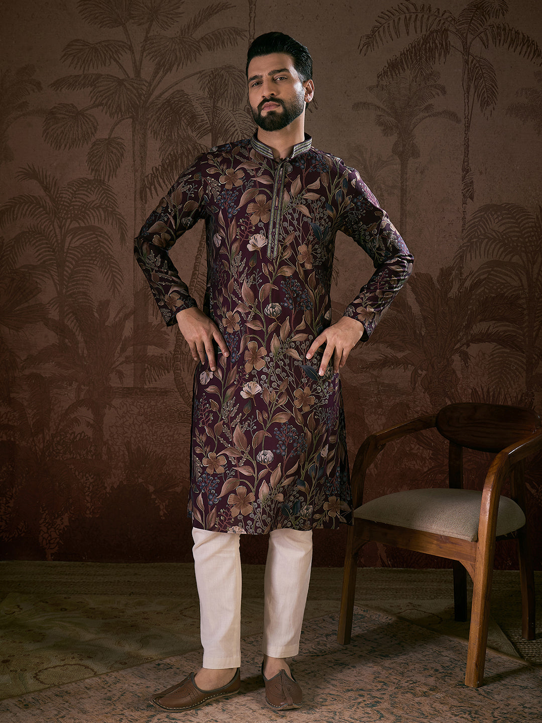 Men Purple Silk Blend Floral Printed Straight Kurta-MKU1957